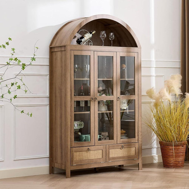 TYBOATLE 75 Inch Arched Cabinet Classic Farmhouse Design w/Three Glass Doors, Arch Cabinet w/Rattan Drawers and Anti-Tipping Device, Versatile Cupboard for Kitchen, Bathroom, Natural