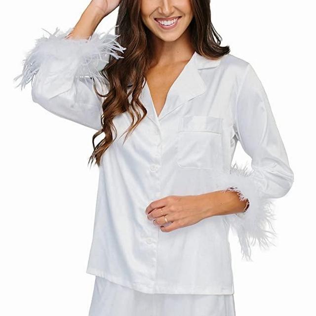 Belle's Design Women's Feather Trim Silk Satin Pajama Set With Shorts Button Down 2 pieces Loungewear Sleepwear