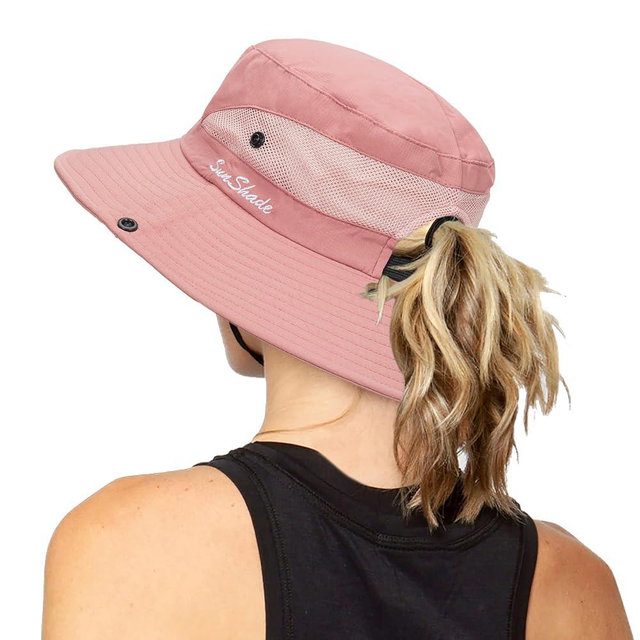 Women's Outdoor UV-Protection-Foldable Sun-Hats Mesh Wide-Brim Beach Fishing Hat with Ponytail-Hole
