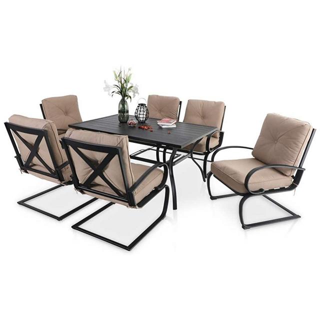 PHI VILLA 7 Piece Patio Dining Set with 60"x38" Rectangular Large Metal Dining Table and 6 Pcs Outdoor C-Spring Motion Dining Chairs, Padded with Beige Cushion for Patio Backyard