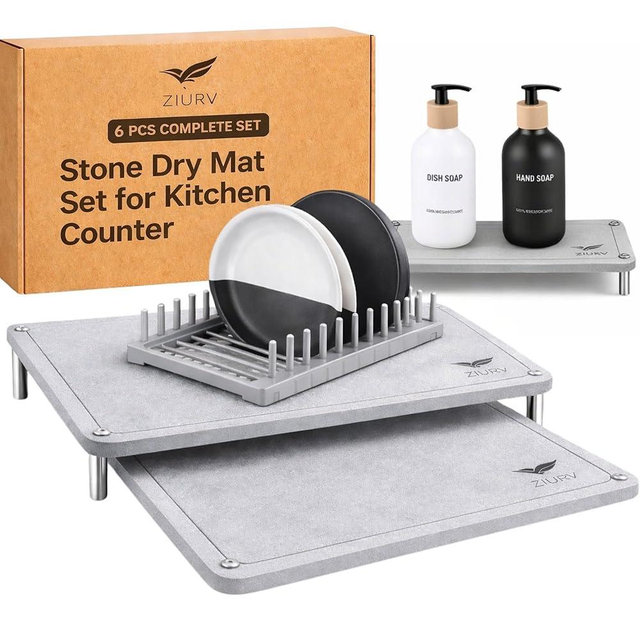 6 PCS Stone Drying Mat Set for Kitchen Counter, 2 Large Diatomaceous Earth Dish Drying Mats with Stainless Steel Legs, Dish Rack, Soap Dispenser Set with Tray, Quick Expandable System Dish Dryer Mat