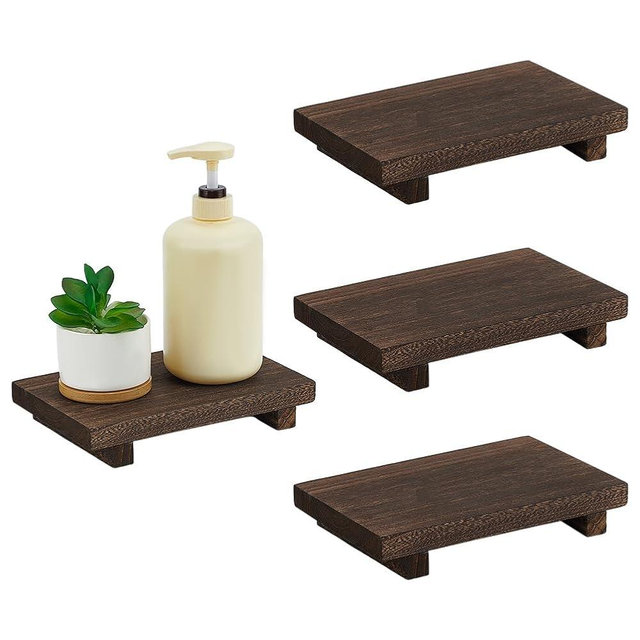 INTERWARM 4Pcs Wood Riser Pedestal Stand, Stand Soap Tray for Kitchen Sink Counter Sink Farmhouse Decor for Bottle Plant Makeup Tissues Towels Counter Display(9 x 5.9 Inch,Coconut Brown)