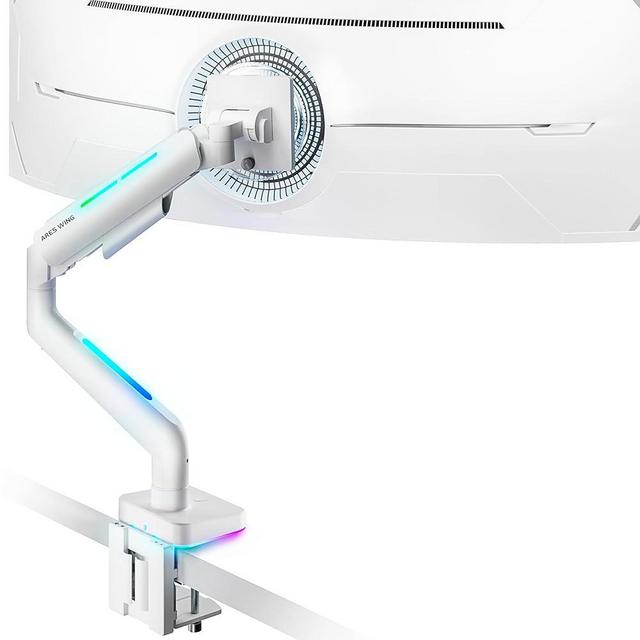 Ares Wing Ultrawide Monitor Arm for 17 to 49 Inch Curved and Ultrawide Monitor, Single Monitor Mount Support up to 44lbs, Adjustable Gas Spring Clamp and Grommet Heavy Duty White Monitor Arm