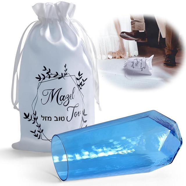 Jewish Wedding Chuppah Breaking Glass, Wedding Gifts for Couples, Jewish Gift for Wedding Engagement Marriage Anniversary, Blue Glass Vessel for Groom with Drawstring Bag and Card