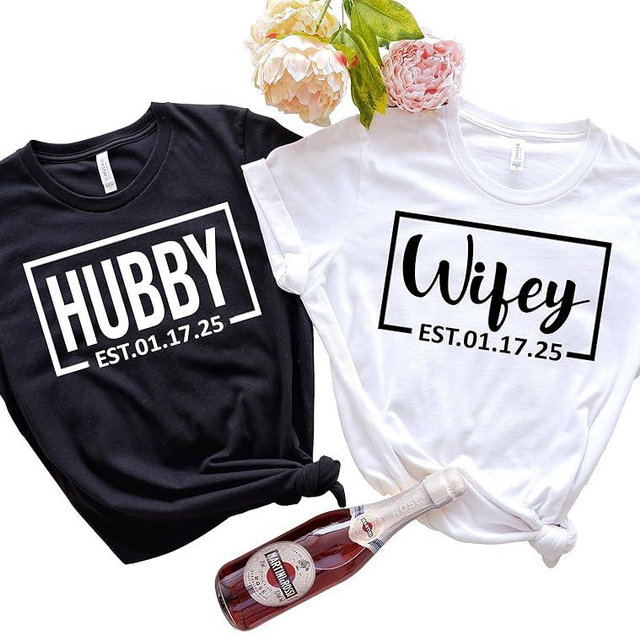 Wifey and Hubby Shirt Wedding Party Shirts Honeymoon Tees Matching Couple Shirts Wife and Husband Shirt Gift for Newly Married Couple Just Married Tshirt with Est Date