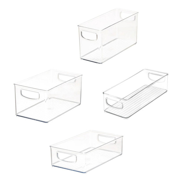 iDESIGN 4pc Recycled Plastic Organizer Bin Set: Clear Kitchen Storage, Dishwasher-Safe, 10x10x8, Cabinet Organizers