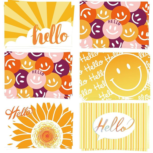 GRADESIN 60 Hello Postcards for Mailing Bulk Blank Greeting Cards 4 x 6 Inch Sunny Sunflower Colorful Smiley Face Post Cards for Kids Adults Teachers Students Assorted Blank Note Cards 5 Hello Designs