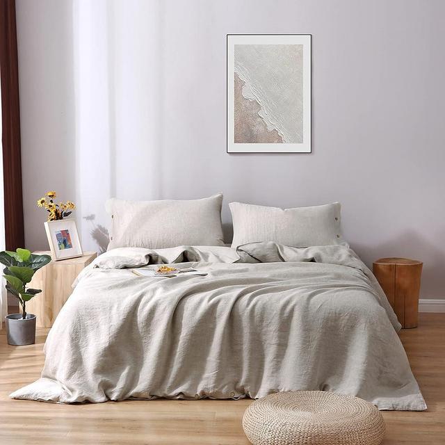 S VICTORY SYMBOL 100% Linen Duvet Cover Set King Size 3pcs,French Washed Flax Solid Color Bedding(1 Duvet Cover &2 Pillowcases) with Coconut Button Closure(Natural Linen)