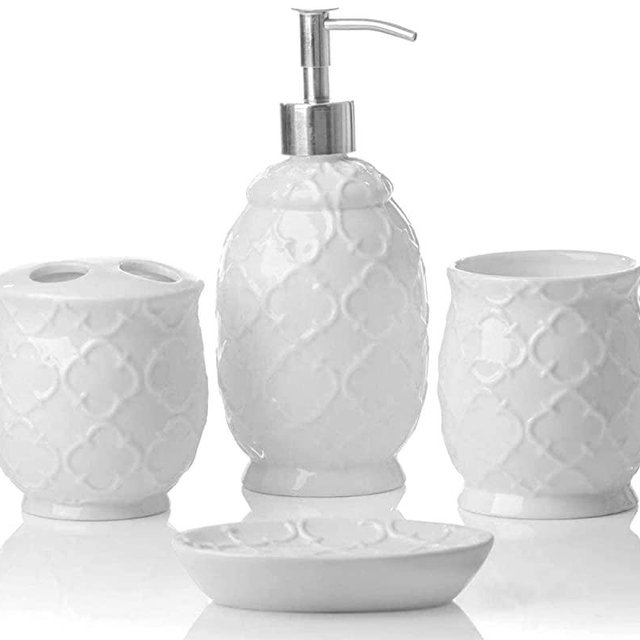 Designer 4-Piece Bathroom Accessory Set – Ceramic Bath Set w/ Liquid Soap or Lotion Dispenser, Toothbrush Holder, Tumbler and Soap Dish – Decorative Set w/ Embossed Details – Modern Vanity Accessories