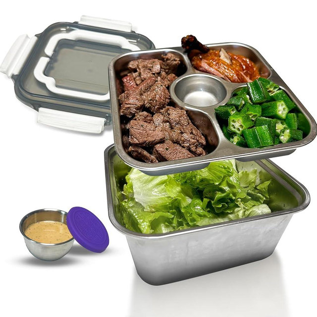 ENCYS Salad Container for Lunch Large-60-oz Steel Food Containers,3 Compartment Bento-Style Tray and 1.5-oz Salad Dressings Container,Stainless Steel container with Lids, Lunch Box, Bento Box（White）