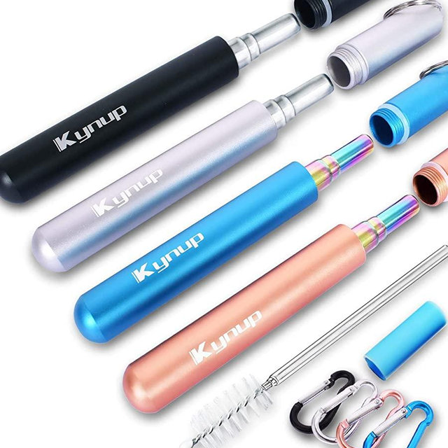 Kynup 4Packs Reusable Straws, Metal Straw with Silicon, Travel Drinking Straws with Metal Case, Keychain, Cleaning Brushes, Silicon Pcs Perfect for Travel, Gifts (20 PCS) Blue-Black- Rose Gold-Silver
