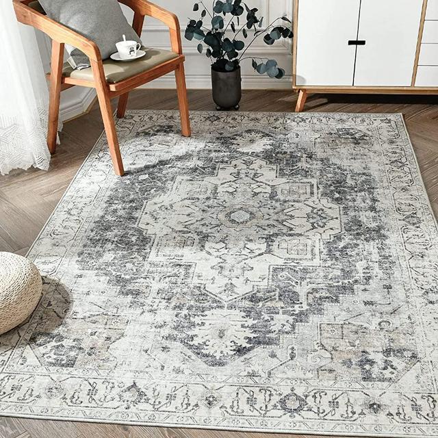 JINCHAN Area Rug 5x7 Persian Rug Vintage Rug Indoor Floor Cover Grey Multi Print Distressed Carpet Gray Thin Rug Chenille Mat Foldable Accent Rug Lightweight Kitchen Living Room Bedroom Dining Room