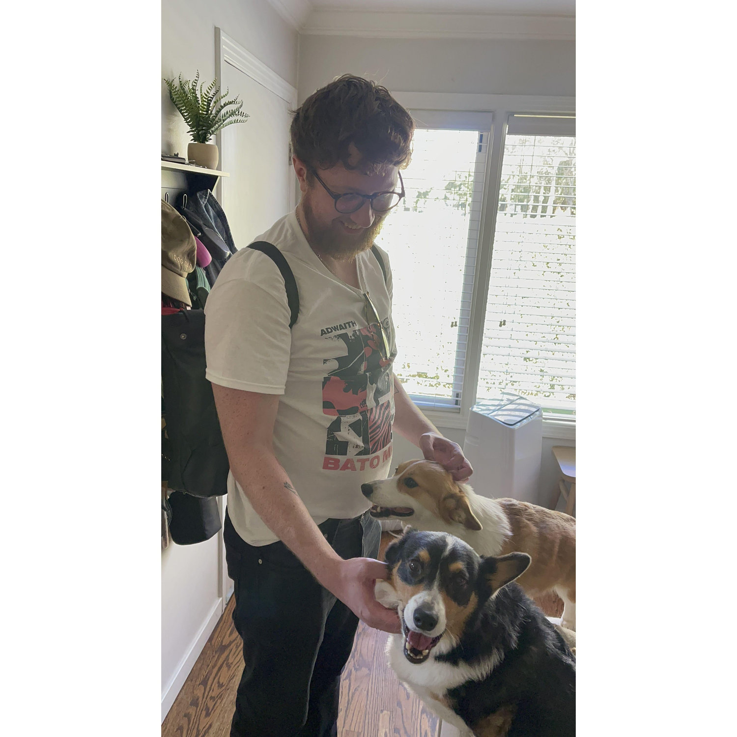 Kieran working his dog whisperer magic on Betty and Socrates