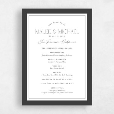 Dark Charcoal, White Wedding Program - Seren