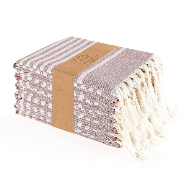 TWINY threads Set of 6 100% Cotton Turkish Kitchen Towels with Hanging Loop & Tassels (18" X 28") | Ultra Washcloth with Fringes | Reusable Hand Towels - Burgundy Wine