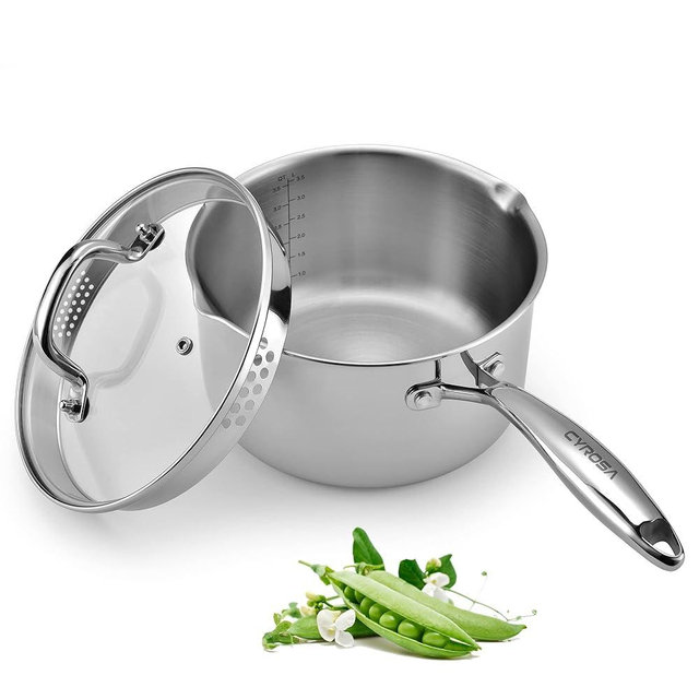 Stainless Steel Saucepan with Glass Lid, 3.5 Quart Multipurpose Sauce Pan, Sauce Pot - for Easy Pour with Ergonomic Handle