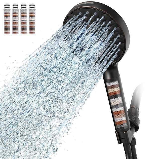 Filtered Shower Head with Handheld, High Pressure 9 Spray Mode ORB Showerhead with 4 Filters, Detachable Shower Head, Water Softener Filters Beads for Hard Water - Remove Chlorine