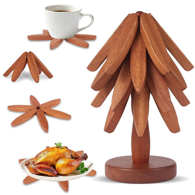 Wooden Tree Trivet Set - 4 Pcs Natural Wood Coasters Trivets for Hot Dishes, Christmas Tree Trivet for Hot Pots Pans, Artisanal Wooden Kitchen Accessories | Housewarming/Christmas/Kitchen Gift