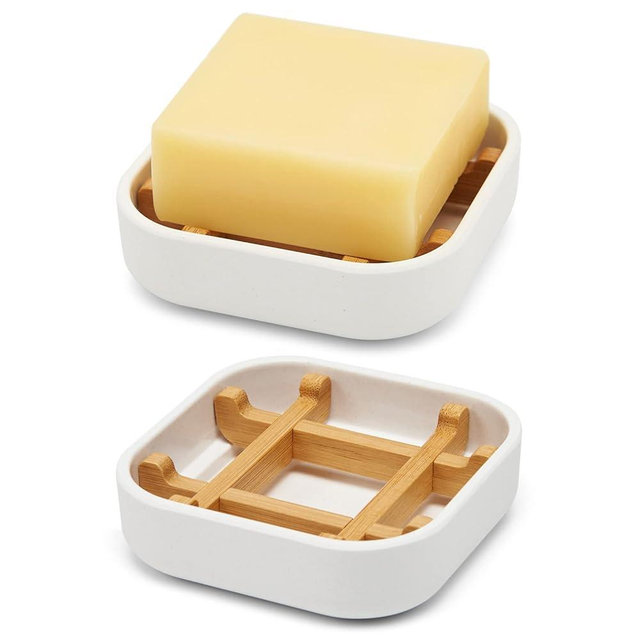 Bamboo Soap Dishes for Bar Soap Holders for Shower for Bathroom Sink Bulk Small Wooden Soap Tray Jabonera Pretty Neat Ventilated Soap Dish Disj Disk, Detachable (Single Rounded White)