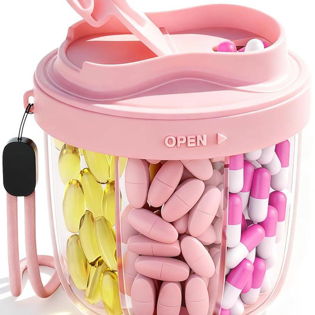 Pill Organizer with 7 Compartments, Pill Dispenser Case for Holding 7 Different Vitamins, Anti-Mix Design for Easy Medication Retrieval. Travel Pill Organizer with 20 Labels. Pill Container-Pink