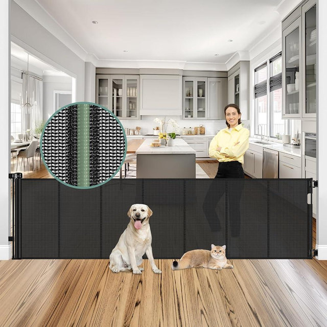 Reinforced 200 Inch Extra Long Retractable Baby Gate for Doorway with Reinforced Strips Extra Wide Baby Gates for Large Openings Outdoor Retractable Gate for Dogs Long Gates for Kids or Pets, Black
