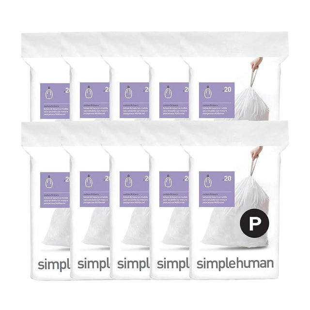 simplehuman Code P 200 Count, Dispenser Pack Custom Fit Liners, Drawstring Trash Bags, 50-60 Liter / 13-16 Gallon, White