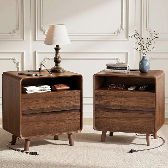 Nasonet Mid Century Modern Nightstand with Charging Station, Wood Bedroom End Tables Set of 2 Nightstands with Drawers, Curved Bedside Table for Living Room, Bedroom, Walnut
