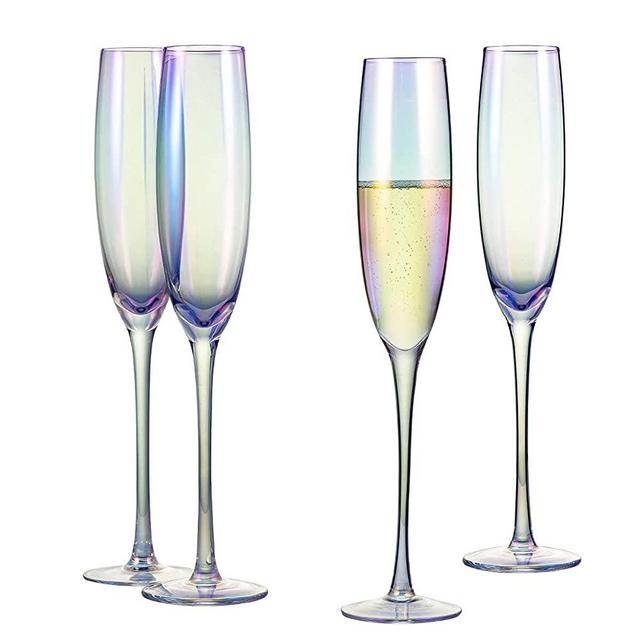 Classic Champagne Flute Glasses 6 oz. Set of 4 Iridescent - Crystal Glass Long Stemmed Glassware Sparkling Wine Glasses - For Wine Tasting, Birthday, Christmas, Anniversary or Wedding Gifts