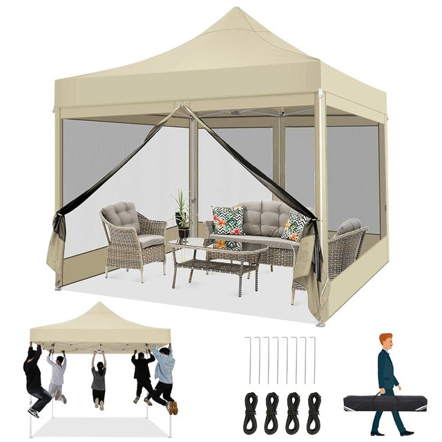 COBIZI 10x10 Heavy Duty Pop Up Canopy Tent with 4 Sidewalls, Easy Set Up Outdoor Waterproof Screen Commercial Party Tent with Mosquito Netting for Parties Backyard Patio, Carry Bag, Khaki