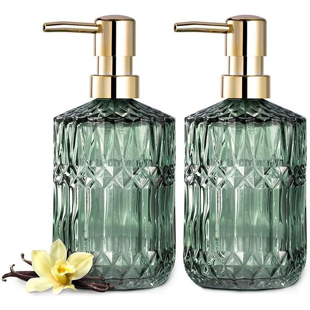 EMPO Clear Glass Soap Dispenser with ABS Plastic Pump, Crystal Lotion Dispensers for Kitchen Sink, Bathroom (2Pack Green)