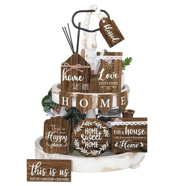 11 Pcs Home Tiered Tray Decor Set Rustic Farmhouse Wood Sign Vintage Home Sweet Home Tiered Tray This is Us Table Sign for Home Table Shelf Holiday