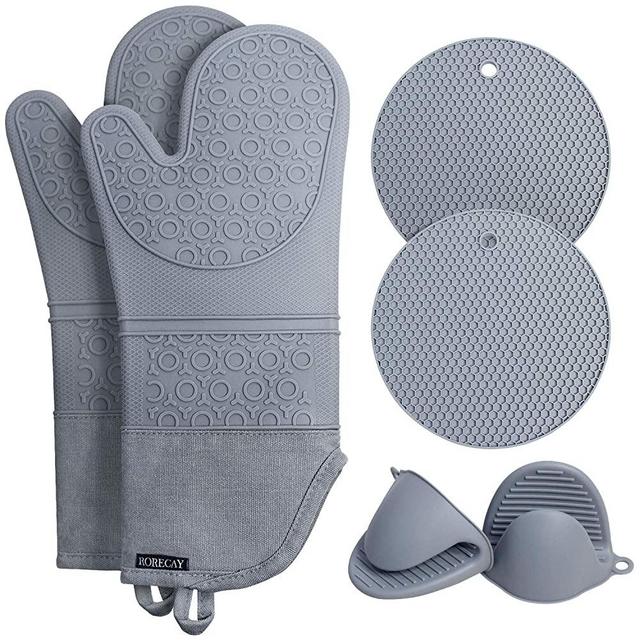 rorecay Extra Long Oven Mitts and Pot Holders Sets: Heat Resistant Silicone Oven Mittens with Mini Oven Gloves and Hot Pads Potholders for Kitchen Baking Cooking, Quilted Liner, Gray, Pack of 6