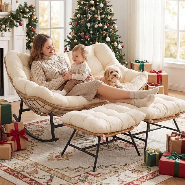 NICESOUL Oversized Double Rocking Papasan Chair with Cushion, 2 Person Big Wicker Outdoor Comfy Recliner, Large Heavy Duty 700 lbs Loveseat for Patio, Balcony, Backyard