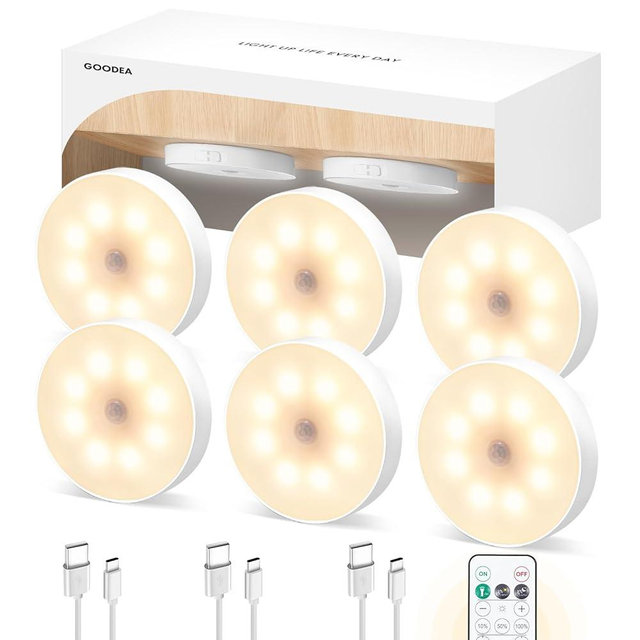 Goodea Led Under Cabinet Lights, Wireless Motion Sensor Rechargeable Light, Puck Lights with Remote, 1000mAh Under Counter Lights for Kitchen,cabinets (Warm White 6 Pack)