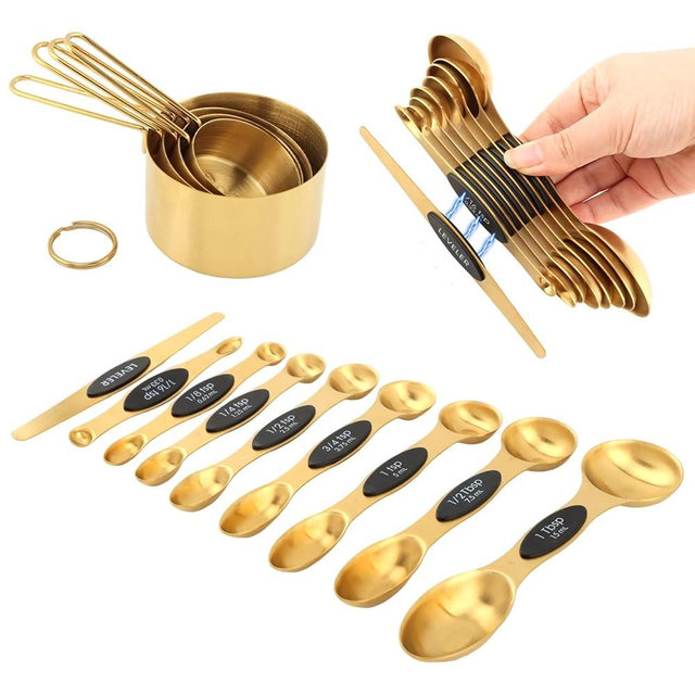 13pcs Gold Stainless Steel Measuring Cups and Spoons Set, 8 Double-Sided Magnetic Measuring Spoons & 4 Metal Measure Cups & 1 Leveler for Liquid Dry Ingredients Cooking Baking(COLOR:Gold)