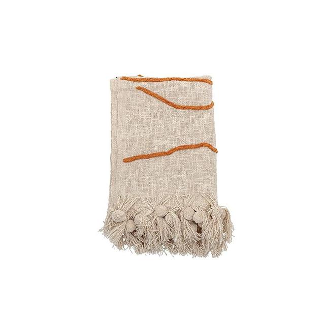 Bloomingville Cream Color Cotton Embroidered Blanket with Tassels Throw