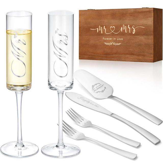 Galaxozent Wedding Champagne Flutes and Cake Knife Server Set of 6, Mr and Mrs Wedding Gifts for Bride and Groom, Enagement Bridal Shower Housewarming Gifts (Silver)