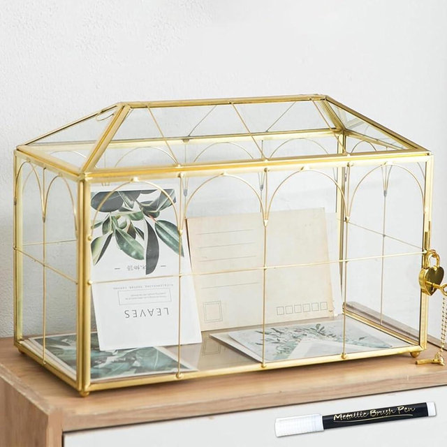 FCDECOR 12.6" Glass Wedding Card Box with Lock, Large Gold Metal Card Box for Party Reception HoneyMoon Fund Box, Wedding, Baby Showers, Birthdays, Bridal or Graduation Party Box
