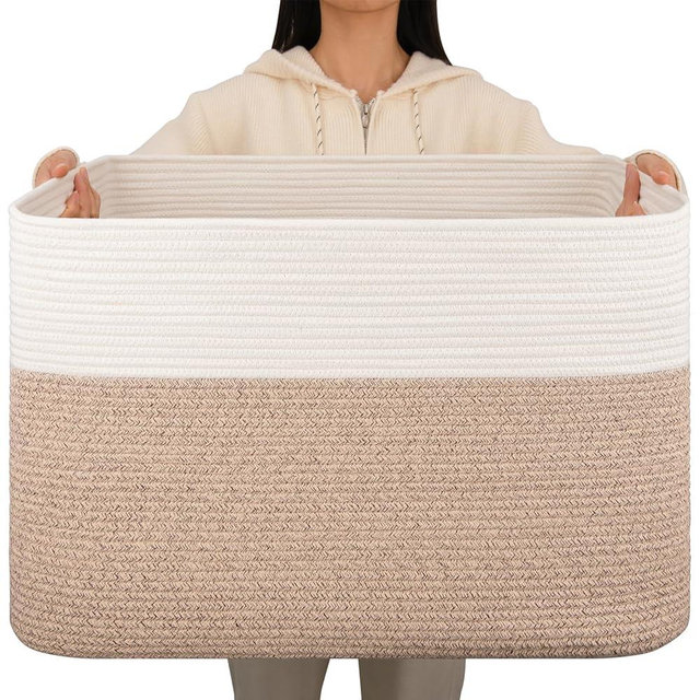 OIAHOMY 108L Extra Large Blanket Basket, 25”x16”x16” Laundry Basket, Blanket Storage for Living Room, Dog Toy Storage with Handle - Brown & White