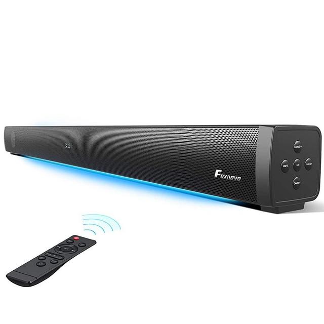 Foxnovo Sound Bars for TV: 60W Deep Bass TV Sound Bar with Breathing Light Wired & Wireless 3D Surrounded Home Theater Audio 109dB Mountable Sound Bar TV Speakers Optical/AUX/USB/ARC HDMI Connection