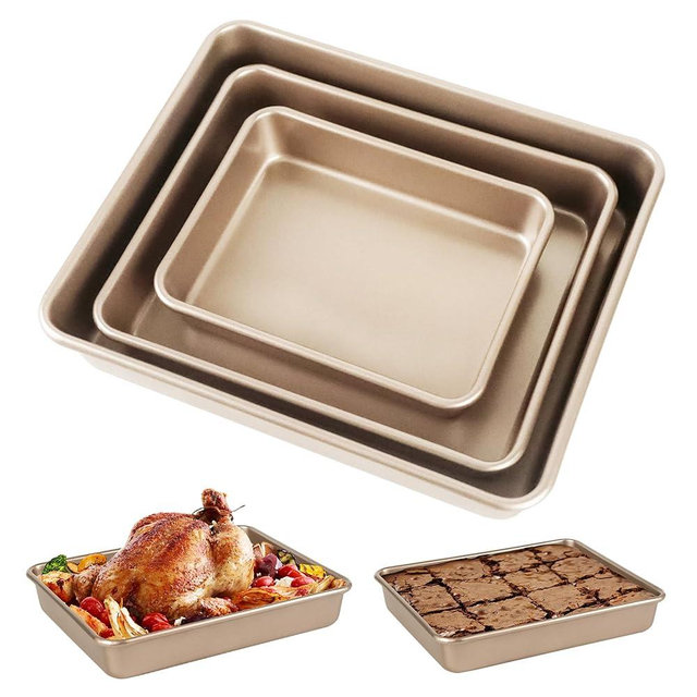 Barlket Deep Baking Pans Set, 3-Pieces Rectangle Cake Pan, Nonstick Roasting Pans Set for Thanksgiving Christmas, 9/11/13 Inch, Toaster Oven Tray Bakeware Set, Lasagna Pan Deep Size, Heavy Duty, Gold