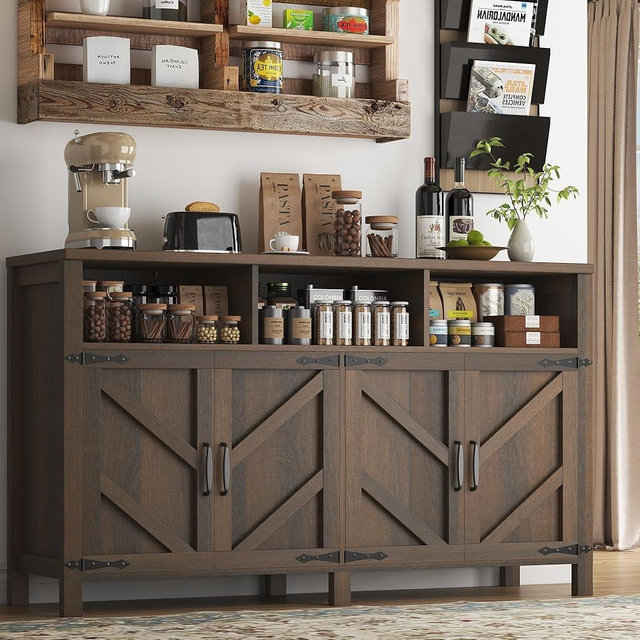 knoworld Buffet Sideboard with Storage Farmhouse with 4 Doors, 55'' Large Kitchen Storage Cabinet Wood Coffee Bar Cabinet Buffet Table with Shelves for Kitchen, Dining Room, Entryway (Brown, 55in)