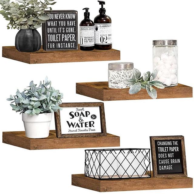 QEEIG Floating Shelves Bathroom Shelf Wall Mounted Shelving Bedroom Shelve Kitchen Living Room Small Farmhouse Shelfs 15 inch Set of 4, Rustic Brown (015-BN4)