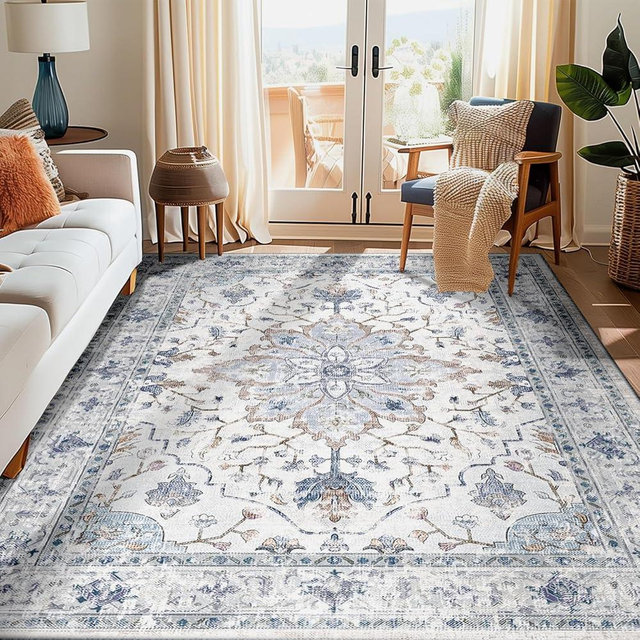 RELEANY Area Rugs 5'x7' Washable Non-Slip, Floral Vintage Distress Print Pattern Medallion Carpet for Living Room Bedroom Dining Room, Blue Navy Beige Gray