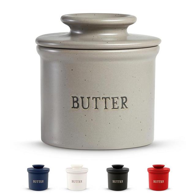 Kook Butter Keeper Dish, French Ceramic Crock For Counter With Lid, Embossed Container, For Soft Butter, Perfect for Chrismas Gift, Home and Kitchen Decor, Speckled Grey