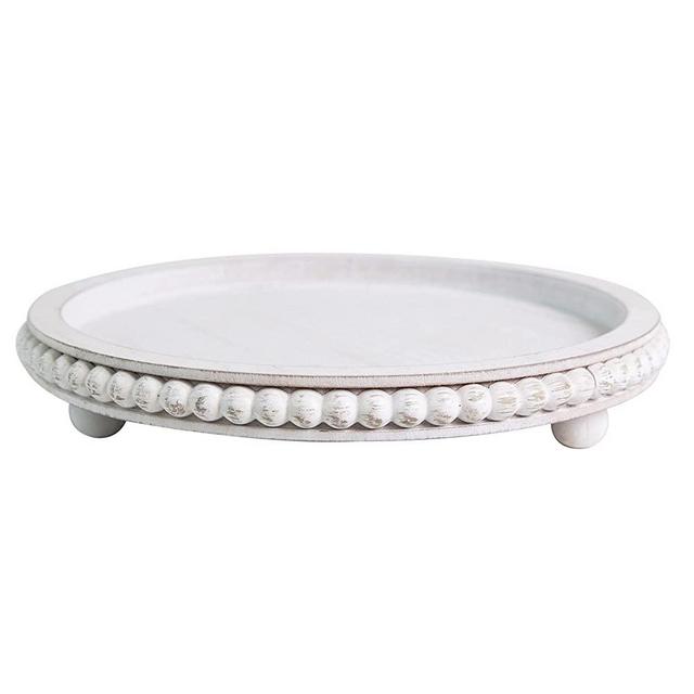 HPC Decor 12in Round Tray for Home Decor- White Wood Beaded Tray- Decorative Round Tray for Living Room Decor, Kitchen Table Decor or Farmhouse Serving Tray