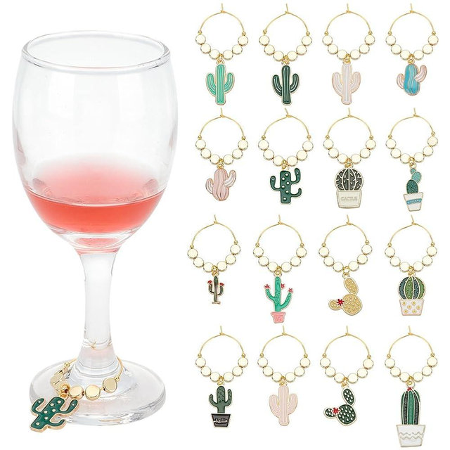 FREEBLOSS 16 Pcs DIY Wine Glass Charms Set Cactus Wine Glass Charms Drink Markers Rings Drinking Party Decorations for Wedding Holiday Birthday