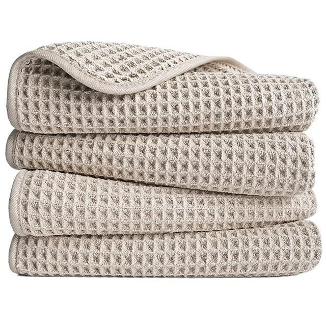 POLYTE Microfiber Lint Free Hand Towel, 16 x 30 in, 4 Pack (Beige, Waffle Weave)