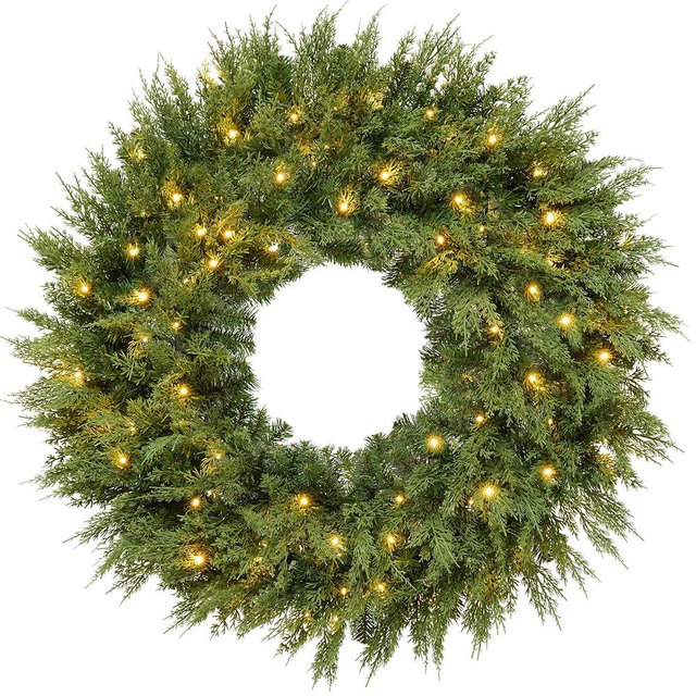 Best Choice Products Pre-Lit Cedar Cypress Christmas Wreath w/Twinkling LEDs, 30in Realistic Large Indoor/Outdoor Holiday Decor for Door, Plug-in