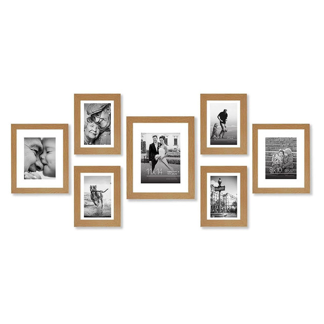 Americanflat 7 Pack Oak Gallery Wall Set | Displays One 11x14, Two 8x10, and Four 5x7 inch photos. Shatter-Resistant Glass. Hanging Hardware Included!